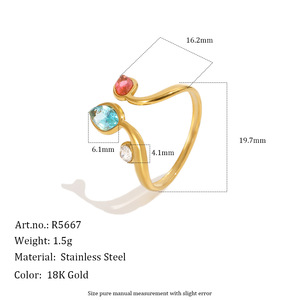 Stainless Steel 18K Gold Plated Open <b>Adjustable</b> <b>Ring</b> Multi‑Color Gemstone Statement Finger <b>Ring</b> For Women Trendy Jewelry - Product Image 2