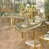 Tables de salle à manger modernes pour événements de mariage, design demi-lune, plateau en verre blanc miroir, structure en acier inoxydable doré