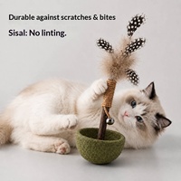 Jouet interactif en plumes pour chat, vert menthe, base texturée, tige en bois, clochette en ficelle, fournitures pour animaux de compagnie, vente en gros
