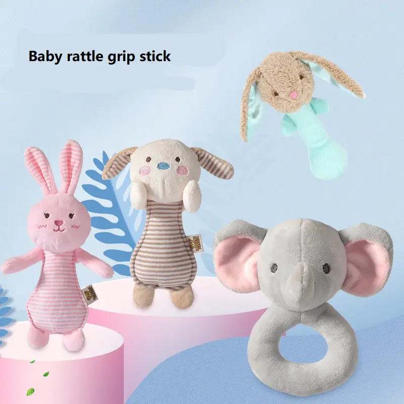 High quality custom cute animal plush hand bell with BB sound stick new born babies gift soft rattle toy baby
