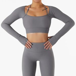Joyyoung, Top de Yoga acanalado, trajes deportivos para <span class=keywords><strong>mujer</strong></span>, sujetador, conjunto de entrenamiento de manga larga, trajes de gimnasio para <span class=keywords><strong>mujer</strong></span>, medias, <span class=keywords><strong>Kit</strong></span> para <span class=keywords><strong>mujer</strong></span> - Product Image 4