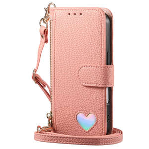 Funda de Teléfono con Diseño de Corazón Láser, Cierre Magnético de Cuero PU con Cremallera, Cordón Largo Colgante, Color Puro, Ranura para Tarjetas - Product Image 3