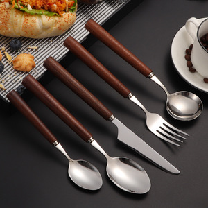 304 Stainless Steel Round Wooden Handle Flatware <b>Set</b>, Steak Knife Fork Dinner Dessert Spoon Hotel Cutlery Kit - Product Image 2