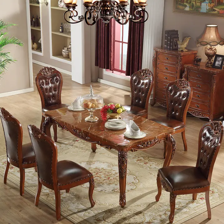 Hot sale Country style carved wood one table and six chairs marble dining table set