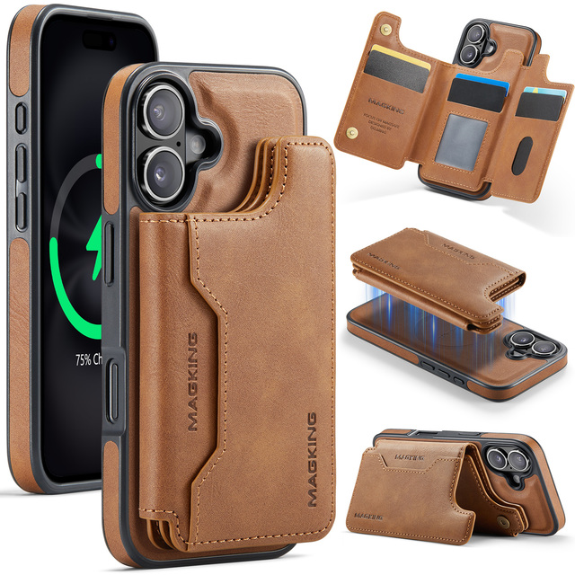For iPhone 16 Phone Case Luxury Leather Magnetic Detachable 2 in 1 RFID Wallet Card Holder Mobile Cover for iPhone 15 16 Pro Max