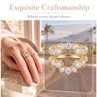 OEM ODM Bague de mariage pour femme en argent 925 plaqué or jaune 18K avec moissanite ronde, double bande et anneau de protection, vente en gros