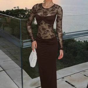 YY6053 Abito da <span class=keywords><strong>donna</strong></span> autunnale 2026 a maniche lunghe in pizzo marrone, elegante, ecologico, traspirante, tinto in capo, in tessuto - Product Image 2