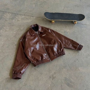 Custom <b>Brown</b> Boxy Cropped Zipper <b>Leather</b> <b>Jacket</b> <b>Men</b> High Quality Oversized Heavyweight Pu <b>Leather</b> Bomber <b>Jacket</b> Manufacturer - Product Image 1