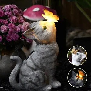Solar LED Light Cute Cat and Butterfly Figurine Resin Ornament Garden Lamp Statue Patio Lawn Yard Art Cat Statue Decoration