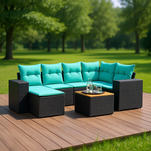 Set Divano da Esterno in Polyrattan Nero con Cuscini, 7 Posti, Stile Contemporaneo, Design Moderno - Product Image 2