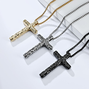 <b>Cross</b> Necklace Stainless Steel Hammered Texture Unisex Fashion Pendant - Product Image 2