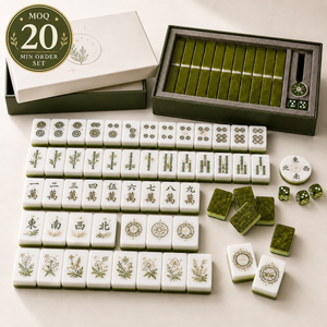 Ensemble de mahjong américain de luxe en marbre vert acrylique, tuiles de mahjong personnalisées gravées en bambou botanique avec boîte - Product Image 1