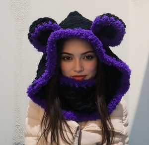 Cagoule <span class=keywords><strong>tricot</strong></span>ée mignonne pour <span class=keywords><strong>femme</strong></span> avec oreilles d'ours, bonnet chaud d'hiver pour le ski, cache-cou épais à <span class=keywords><strong>capuche</strong></span>, cache-cou animalier moelleux fait main - Product Image 6
