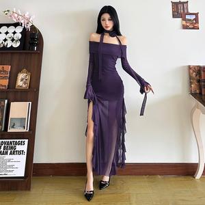 Off-Shoulder Mesh Long Sleeve Dress Dark Purple High Low Bodycon Fishtail <b>Split</b> <b>Skirt</b> Women Summer Bridesmaid Dress - Product Image 3