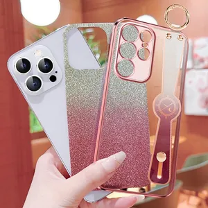 Etui pour <span class=keywords><strong>Samsung</strong></span> Galaxy S24 S23 S22 <span class=keywords><strong>S21</strong></span> S20 Ultra Plus FE 4G 5G Lanyard Dragonne Support GLITTER Placage Silicone - Product Image 5