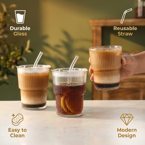 Bicchiere in Vetro Ecologico Scanalato con Coperchio e Cannuccia, Moderno e Semplice per Uso Domestico, Tazza per <span class=keywords><strong>Caffè</strong></span> Freddo e Tè al Latte - Product Image 1