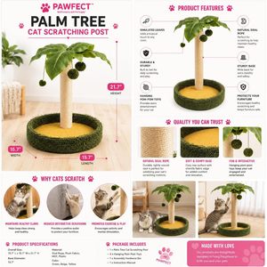 เสาข่วนเล็บแมวรูปต้นปาล์ม Pawfect สูง 21.8 นิ้ว พร้อมพรมและของเล่นปอมปอม ทนทานสำหรับแมวทุกสายพันธุ์ - Product Image 4