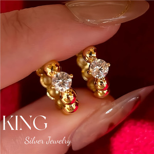 King <b>Silver</b> Jewelry S925 Sterling <b>Silver</b> Gold Plated <b>Stud</b> Earrings Ball Shape Claw Setting Everyday Wear - Product Image 1