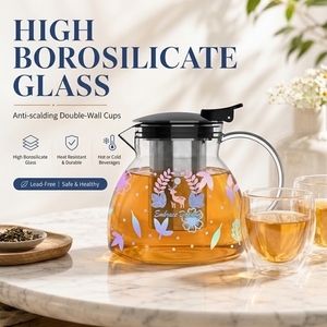 Ensemble théière moderne en verre transparent avec tasses à double paroi anti-brûlure, compatible cuisinière, en borosilicate, pour la préparation du thé - Product Image 3