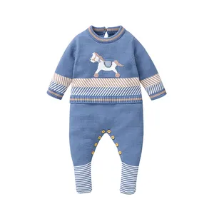 Mimixiong manufacturer Toddler Clothing Long Sleeve Jumpsuit Cartoon Horse Pattern Newborn Baby Knitted Footie Romper Onesie