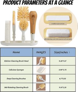 Esponja para fregar platos, mango de bambú, cepillo para botellas, Juego de cepillos para platos con soporte de almacenamiento, Kit de limpieza de platos de cocina - Product Image 3