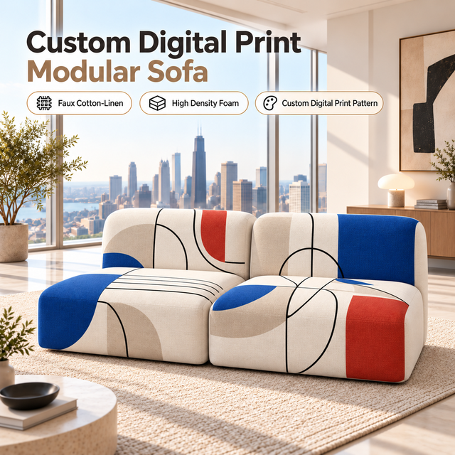 Custom Pattern Printed Foam Sofa Frameless Modular Design Compressed Packing for Hotel Apartment Villa Gallery Interior Projects