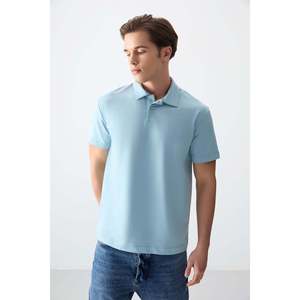 T-shirt basique pour homme en coton bleu clair, épais, doux, texturé, col polo, coupe ample - 88381 - Bleu clair - Product Image 1