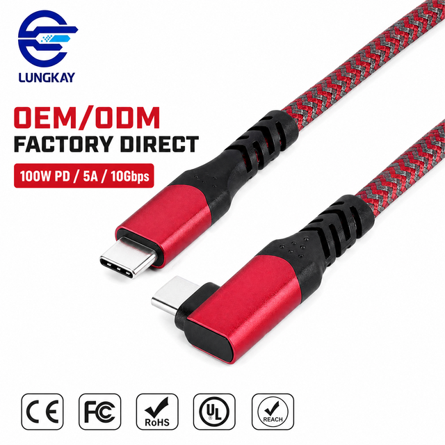 Industrial 90 Degree USB C to Type C Cable 100W PD 5A Fast Charging Shielded Nylon Braided Cord for Laptop CNC Medical Monitor