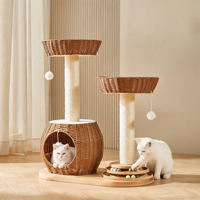 Arbre à chat pliant de luxe classique en bois d'hévéa de 80 cm, avec double perchoir moderne en osier, condo en rotin, jouet rotatif et griffoir en sisal