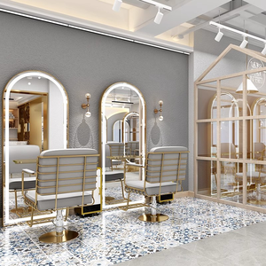 Espejo de Barbería Doble Cara Dorado en Oferta, con Marco Metálico y Luz LED, Espejo de Pie para Salón de Belleza - Product Image 4