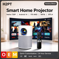 Projecteur intelligent portable, résolution native 720P, Android 14, télécommande, mise au point électrique, correction automatique de la distorsion trapézoïdale, projecteur vidéo pour home cinéma