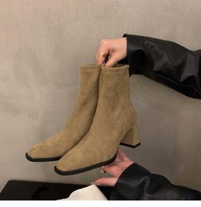 Bottines à talons épais pour femmes, bout pointu, en daim uni noir et kaki, pour le quotidien - Product Image 3