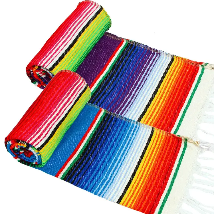 14 by 84 Inch Mexican Serape Table Runner Mexican Colorful Cotton Fringe Table Runners Blanket for Mexican Party