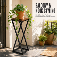 Support de plantes carré haut de gamme de style industriel, plateau en bois et piétement en fer robuste pour pot de fleurs, pour salon intérieur