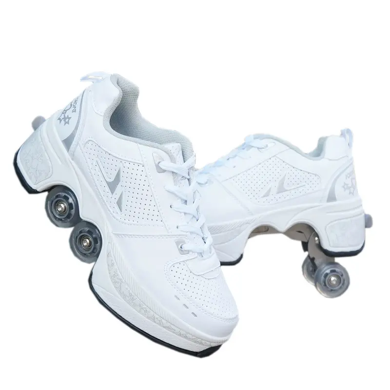 In Stock Wholesale Adult and Children Kick Out Roller Skate Shoes with 4 wheels