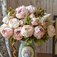 Buket Bunga Peony Eropa Sutra 13 Tangkai Berkualitas Tinggi - Bunga Buatan Tahan Lama Buatan Tangan untuk Natal, Hari Valentine Baru, Paskah