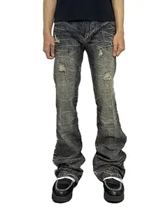 Custom grosir Jeans bertumpuk Pria Wanita, potongan ramping pas badan Vintage robek pinggang tinggi
