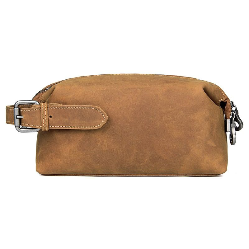 Luxury Genuine Leather Makeup Bag With Handle Waterproof Men's Travel Toiletry Bag Brown Cow Leather Makeup Storage Organizer