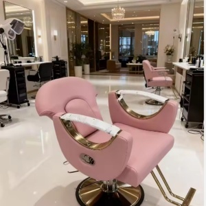 Chaise de coiffure inclinable beige et or, chaise de salon, chaise de barbier pour salon de coiffure, mobilier de salon de beauté en métal - Product Image 1