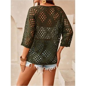 Women's Crochet <b>Top</b> 3/4 Sleeve V-neck Hollow Out Knitted Loose Batwing Sleeve Summer Cover Up Beach Vacation Outfit - Product Image 2