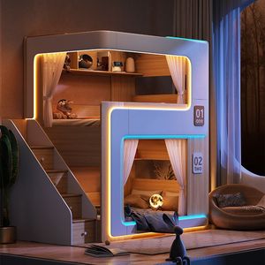 Cama Literas Simple para Apartamento Pequeño, Cama Flotante Doble para Niños con Barandilla Alta, Combinación de Madera Alta y Baja que No Interfiere - Product Image 1