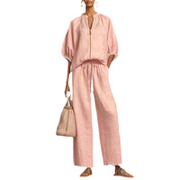 Ensemble pantalon deux pièces tendance été 2026 pour femme, grande taille, streetwear, haut uni à fermeture éclair à manches courtes et pantalon palazzo, vente en gros