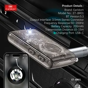 EARLDOM 3,5mm Bluetooth-Autokit drahtloser Freisprecheinrichtung V5.3 Musikadapter für Auto/Kopfhörer/Lautsprecher transparent