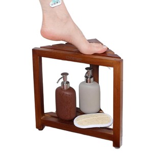 Teak Triangular Bathroom <b>Storage</b> Stool Double Layer Corner Shelf For Shower And <b>Bath</b> Use Amber Color - Product Image 5
