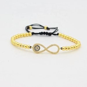 Moda chapado en oro 4MM cuentas de latón Mirco Pave CZ número ocho 8 infinito ojo encanto ajustable cordón negro pulsera - Product Image 3