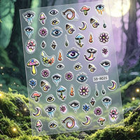 Autocollants pour ongles esthétiques 5D en relief, motifs psychédéliques, œil maléfique, champignons, fleurs, autocollants adhésifs pour nail art, pour décorations DIY