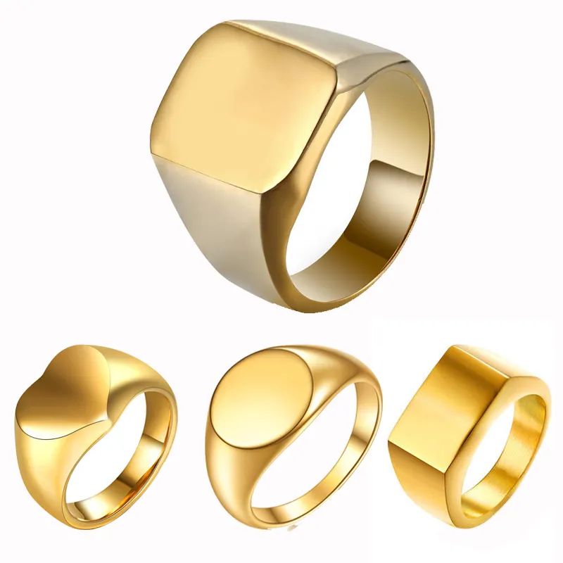 Heart bar square rectangle gold plated blank stamping engraving men custom stainless steel signet ring