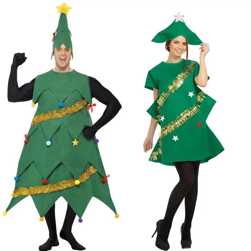 Christmas Holiday Couples Green Xmas Tree Cosplay Costumes for Party Wear Stage Performance Christmas Trees Cos Props with Hat