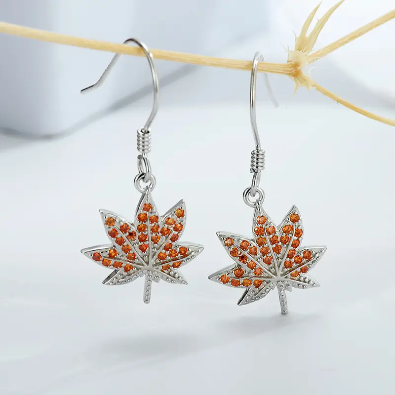 Hot Sellers Einzigartige Ahornblatt Orange Zirkonia Drop Dangle Ohr stecker 925 Sterling Ohrringe Frauen Silber