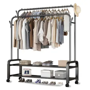 Cheap price custom double pole thickening colorful display stand clothes hanger rack with wheel